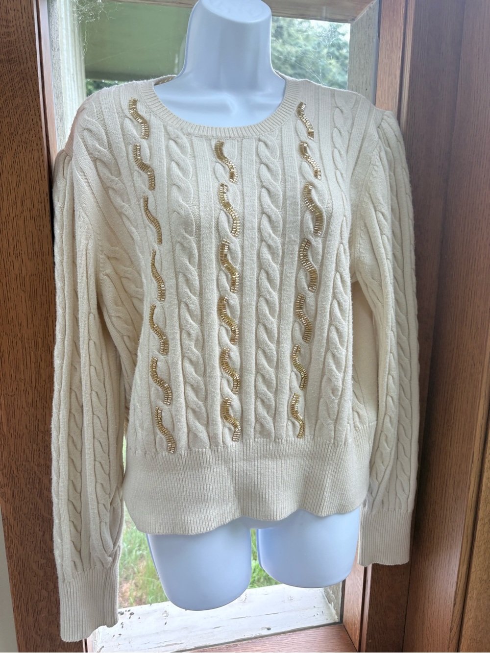 Marled Cream Cable Knit Sweater with Gold Beaded Accents XL